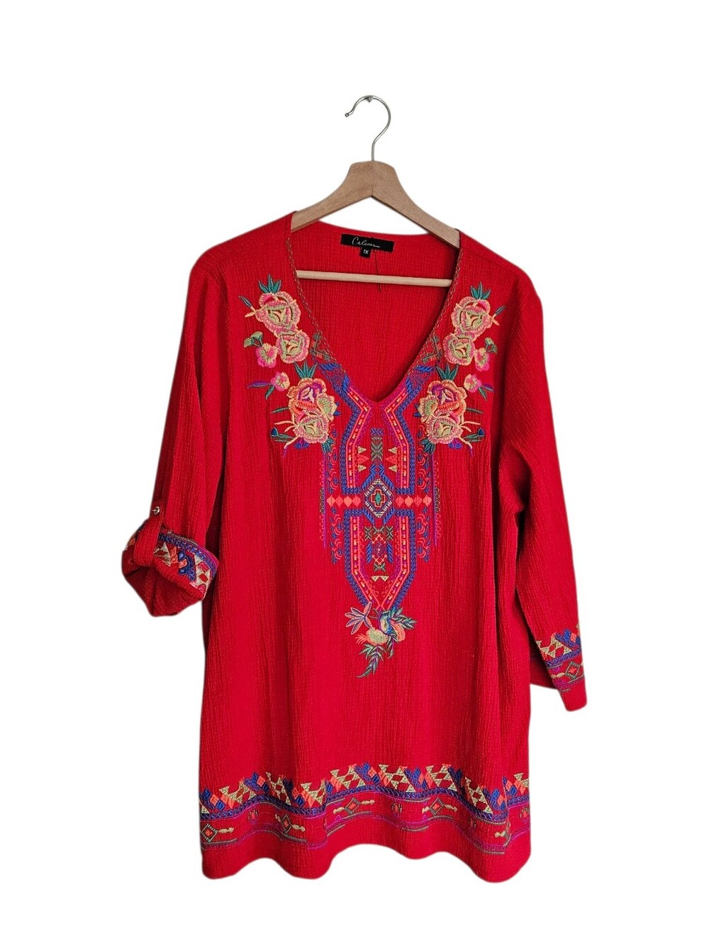 Calessa Red Multi-Color Embroidered Boho Peasant Tunic Blouse Western Rodeo